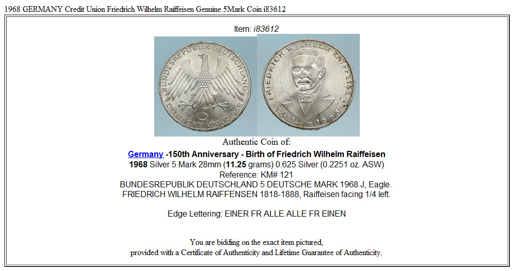 1968 GERMANY Credit Union Friedrich Wilhelm Raiffeisen Genuine 5Mark Coin i83612