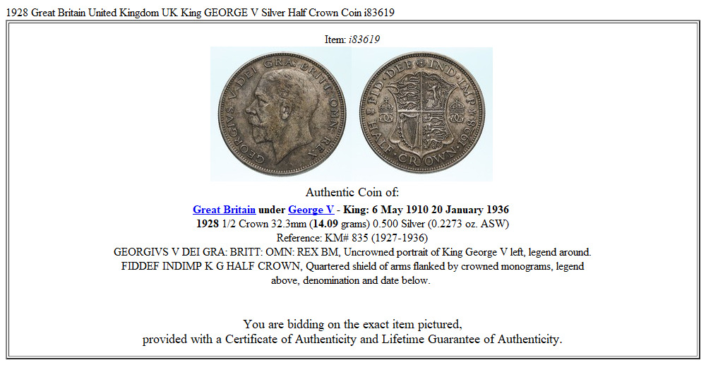 1928 Great Britain United Kingdom UK King GEORGE V Silver Half Crown Coin i83619