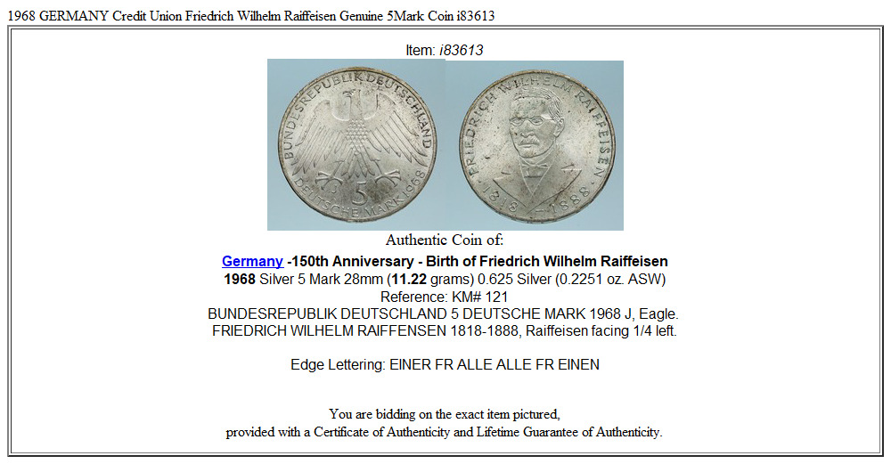 1968 GERMANY Credit Union Friedrich Wilhelm Raiffeisen Genuine 5Mark Coin i83613