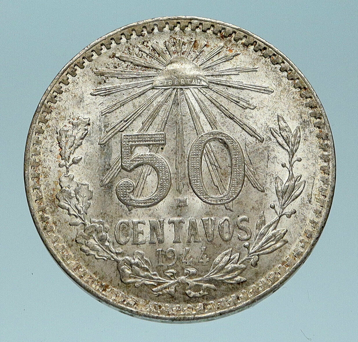 1944 MEXICO City EAGLE CACTUS SERPENT Silver 50 Centavos Mexican Coin i83609