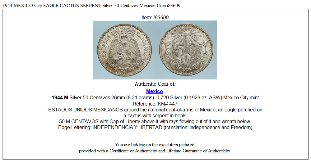 1944 MEXICO City EAGLE CACTUS SERPENT Silver 50 Centavos Mexican Coin i83609