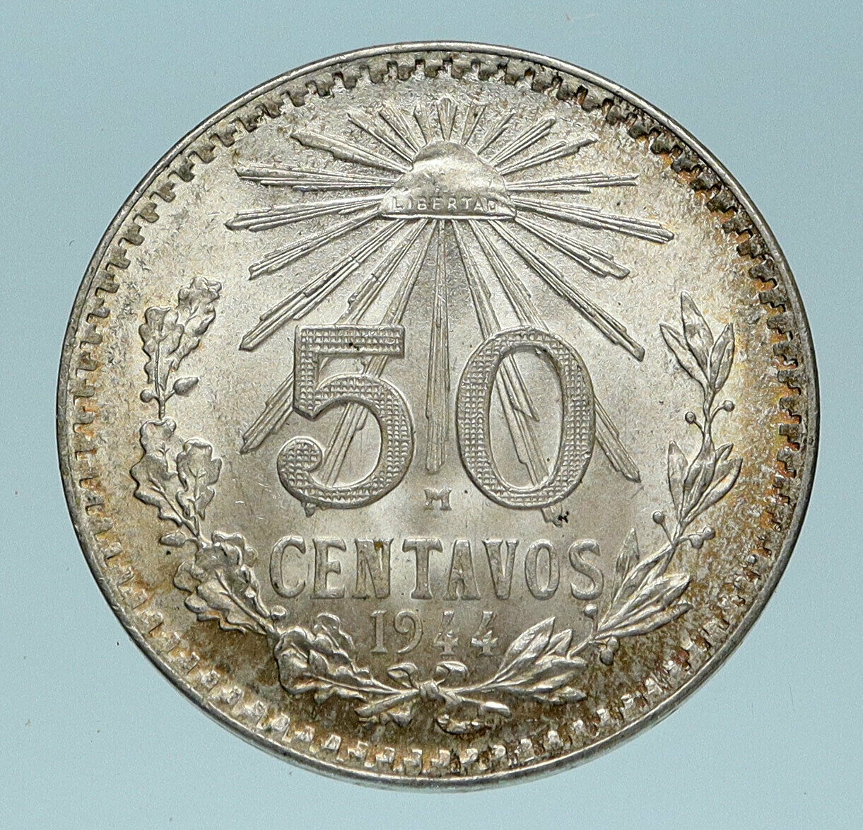 1944 MEXICO City EAGLE CACTUS SERPENT Silver 50 Centavos Mexican Coin i83608