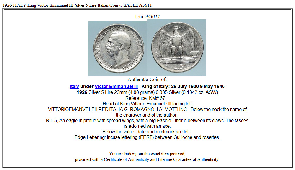 1926 ITALY King Victor Emmanuel III Silver 5 Lire Italian Coin w EAGLE i83611