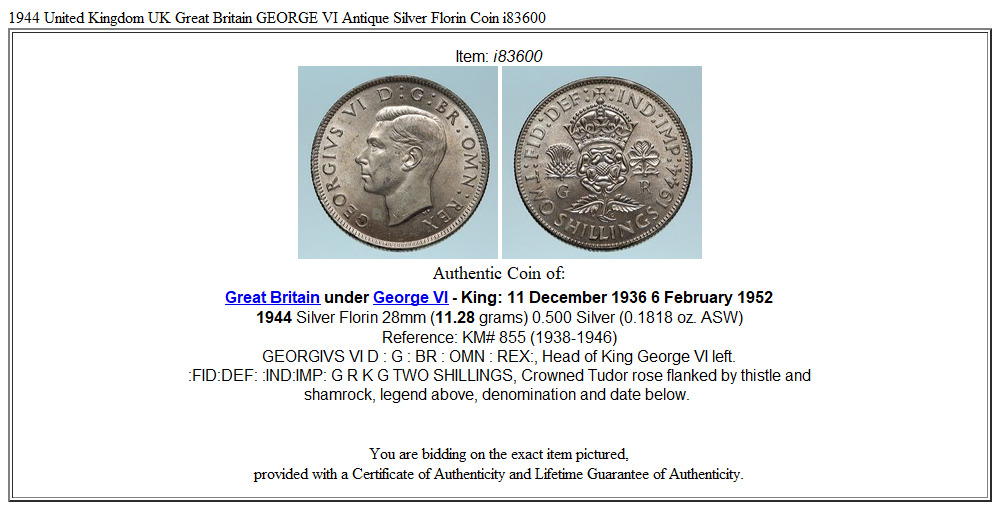 1944 United Kingdom UK Great Britain GEORGE VI Antique Silver Florin Coin i83600