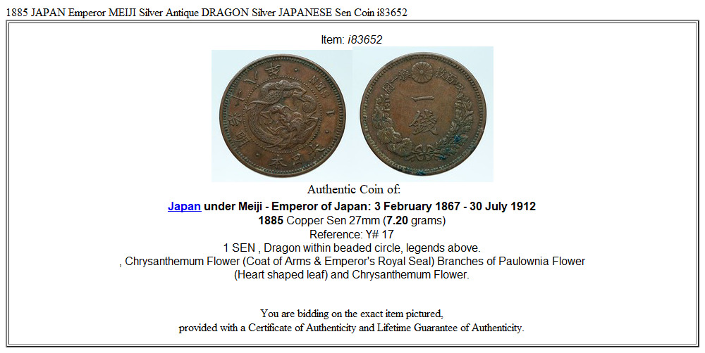 1885 JAPAN Emperor MEIJI Vintage Antique DRAGON JAPANESE Sen Coin i83652