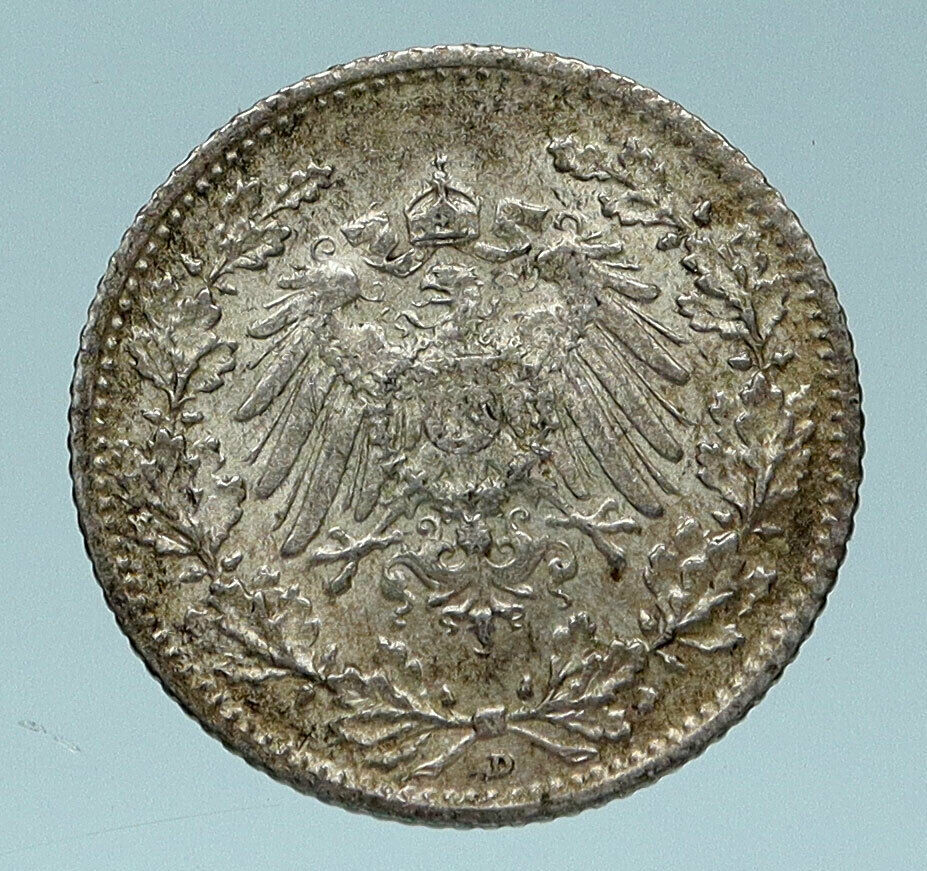 1915 D WILHELM II of GERMANY 1/2 Mark Antique German Silver Coin Eagle i83645