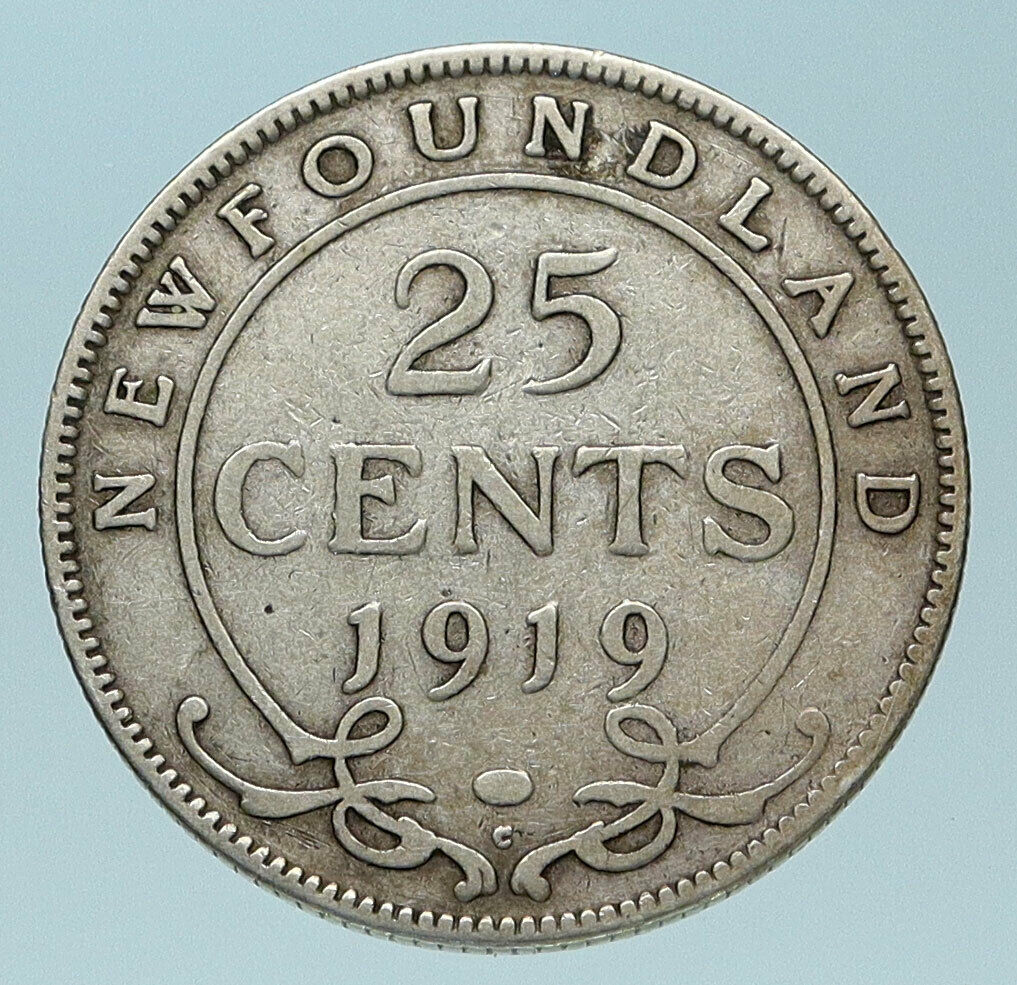 1919 CANADA SILVER 25 CENTS UK King George V Newfoundland Antique Coin i83631