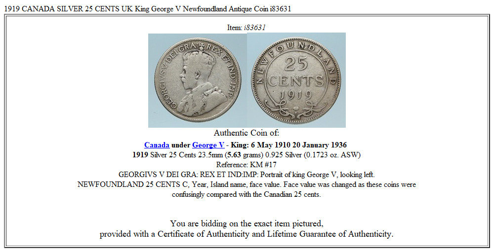 1919 CANADA SILVER 25 CENTS UK King George V Newfoundland Antique Coin i83631