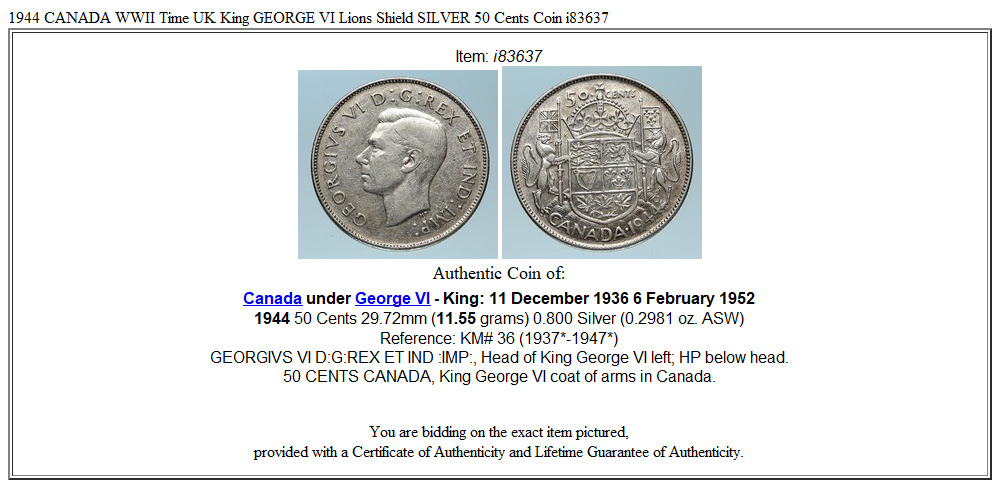 1944 CANADA WWII Time UK King GEORGE VI Lions Shield SILVER 50 Cents Coin i83637