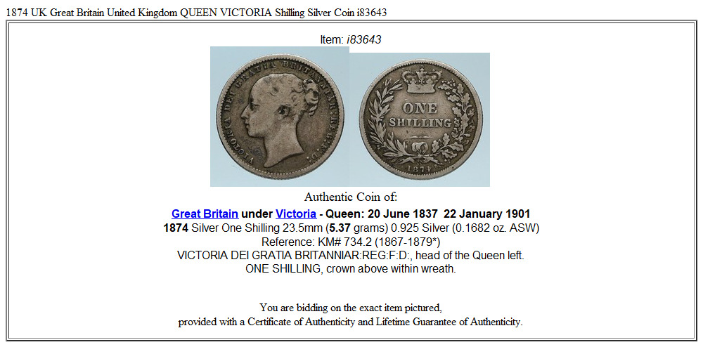 1874 UK Great Britain United Kingdom QUEEN VICTORIA Shilling Silver Coin i83643