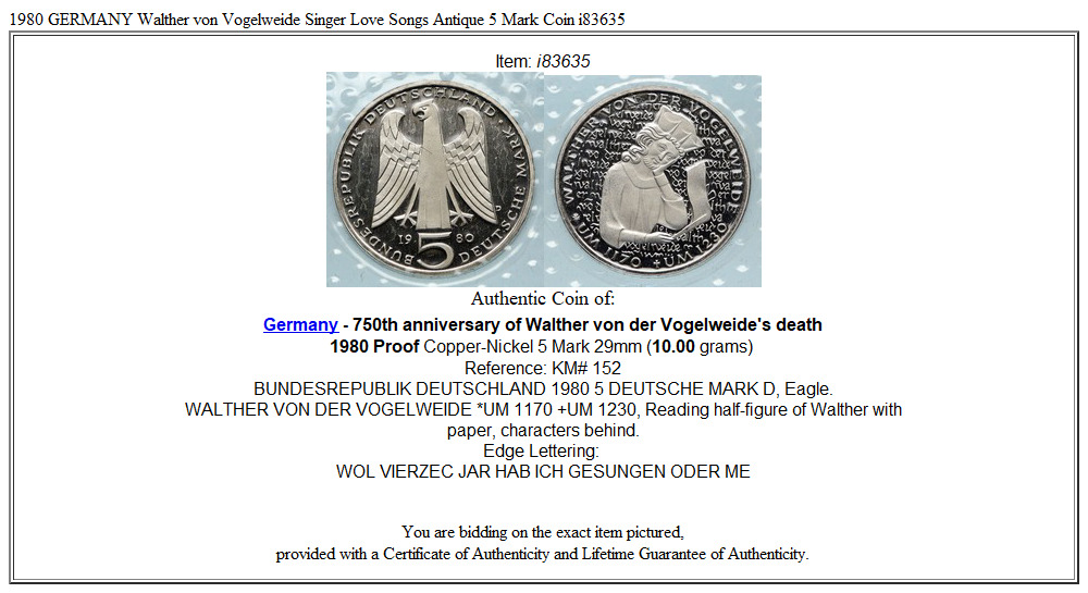 1980 GERMANY Walther von Vogelweide Singer Love Songs Antique 5 Mark Coin i83635