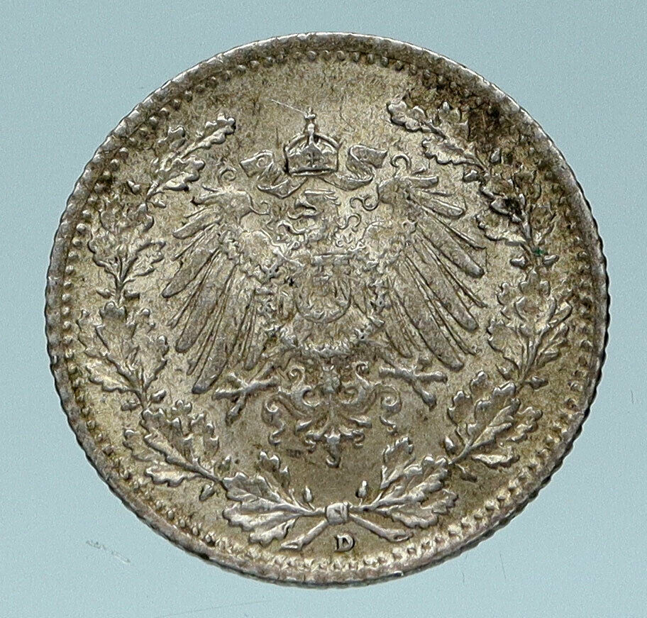 1915 D WILHELM II of GERMANY 1/2 Mark Antique German Silver Coin Eagle i83646