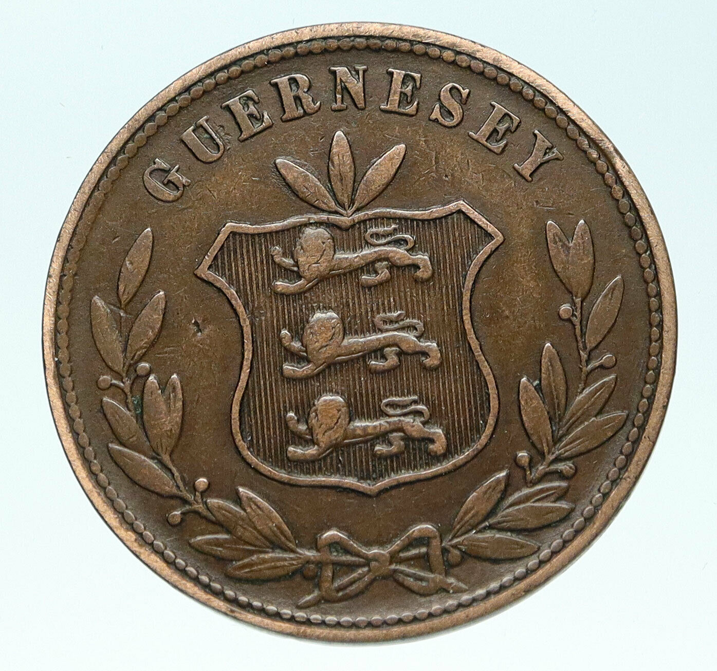 1864 GUERNSEY Island Genuine Three Lions Genuine Antique 8 Doubles Coin i83654