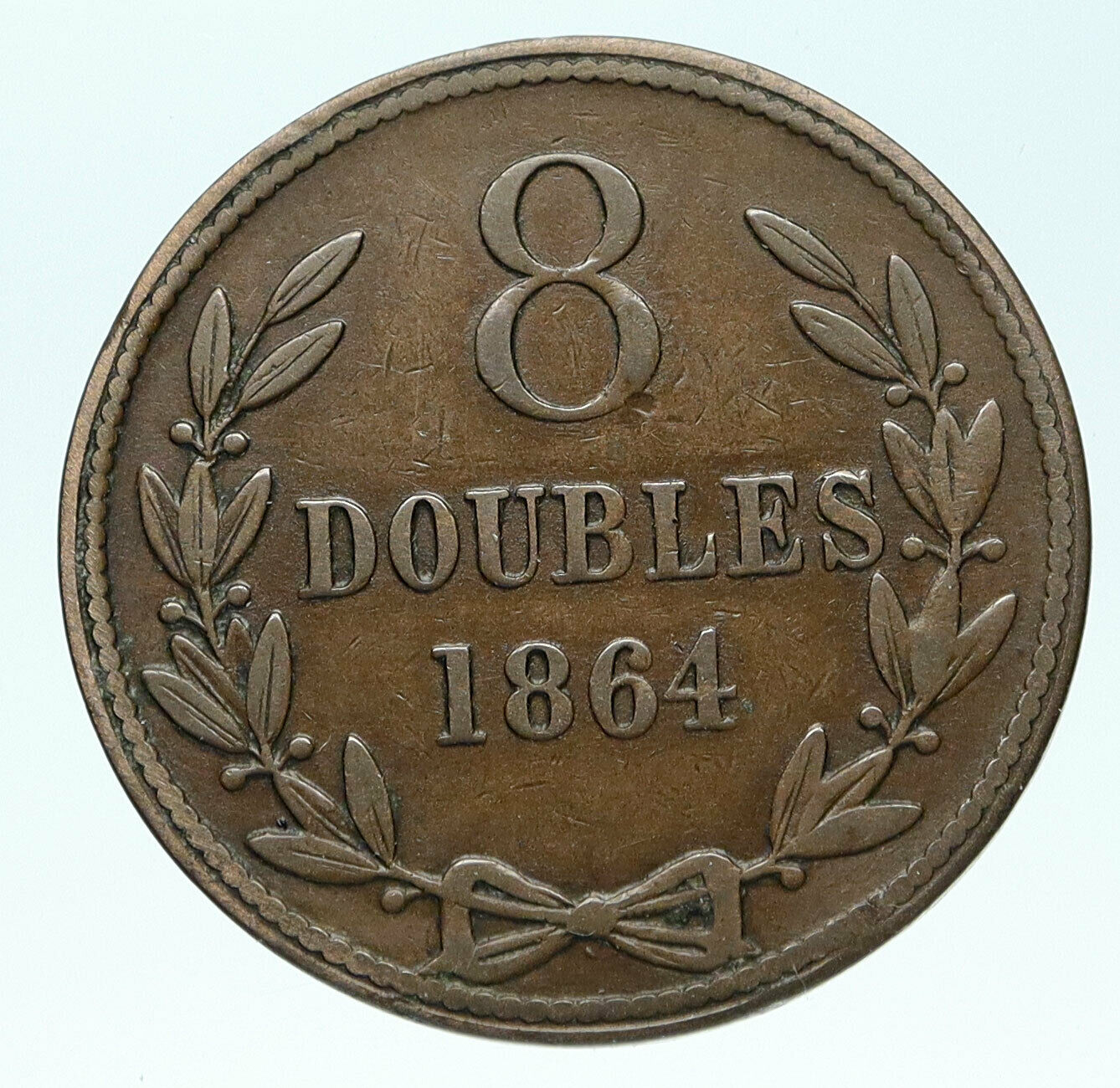 1864 GUERNSEY Island Genuine Three Lions Genuine Antique 8 Doubles Coin i83654