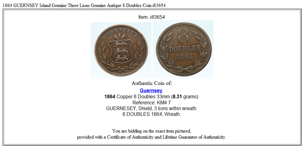 1864 GUERNSEY Island Genuine Three Lions Genuine Antique 8 Doubles Coin i83654