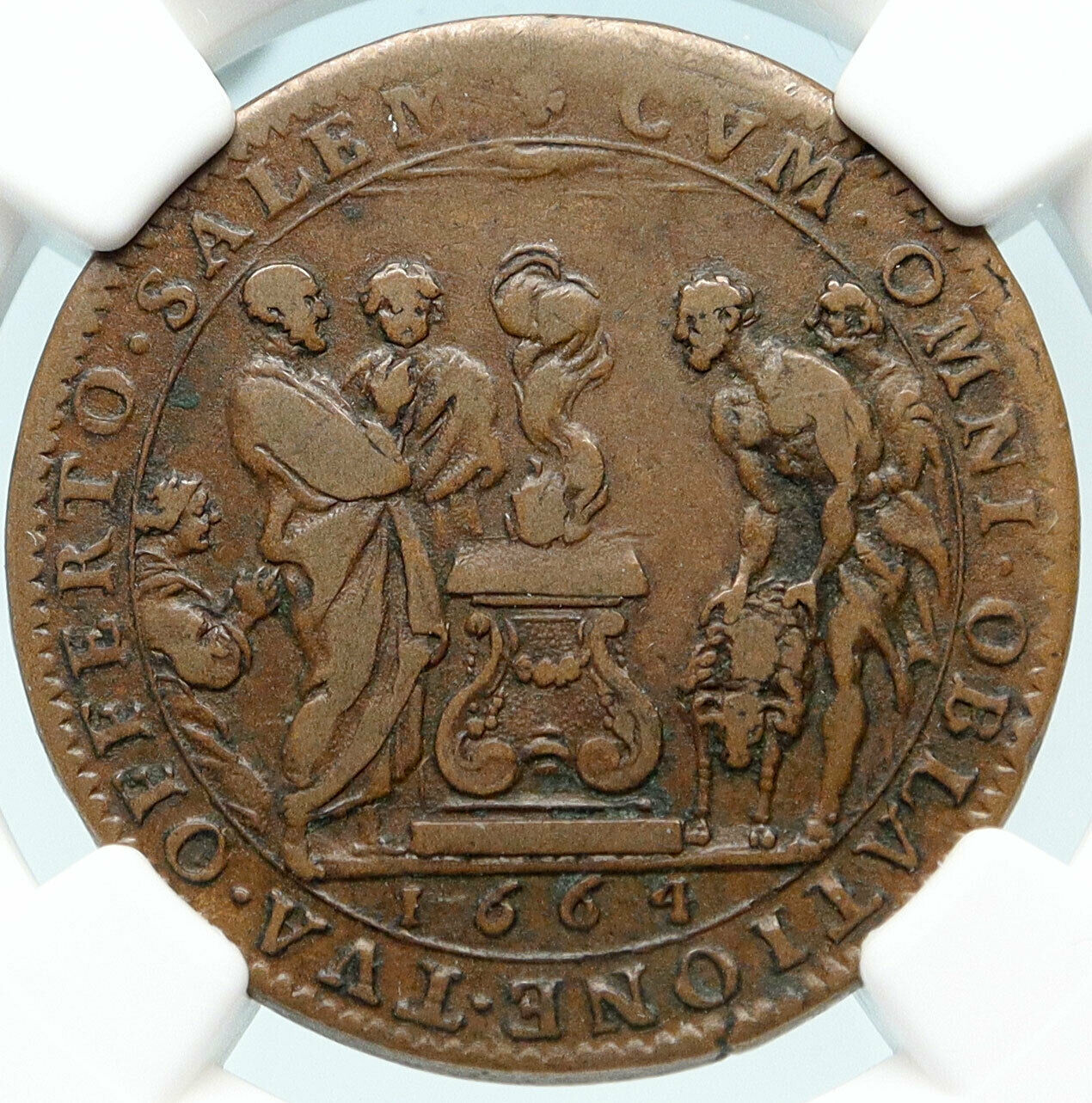 1664 FRANCE Sun King LOUIS XIV Sacrificial Lamb Altar Antique Medal NGC i83695