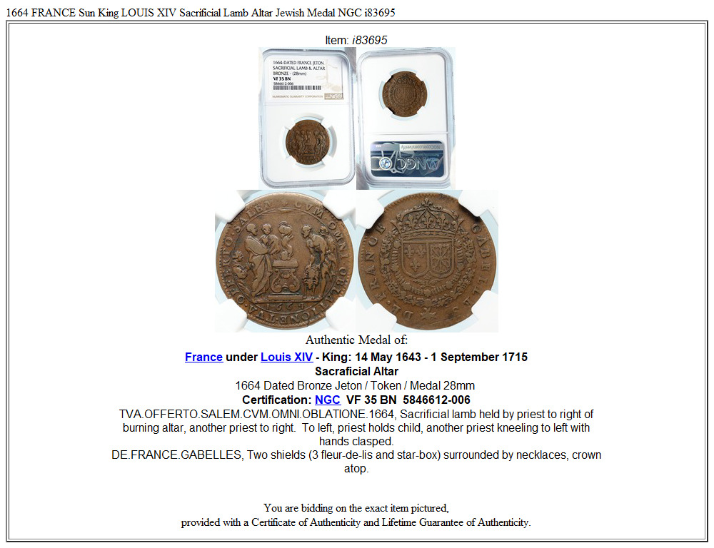 1664 FRANCE Sun King LOUIS XIV Sacrificial Lamb Altar Antique Medal NGC i83695