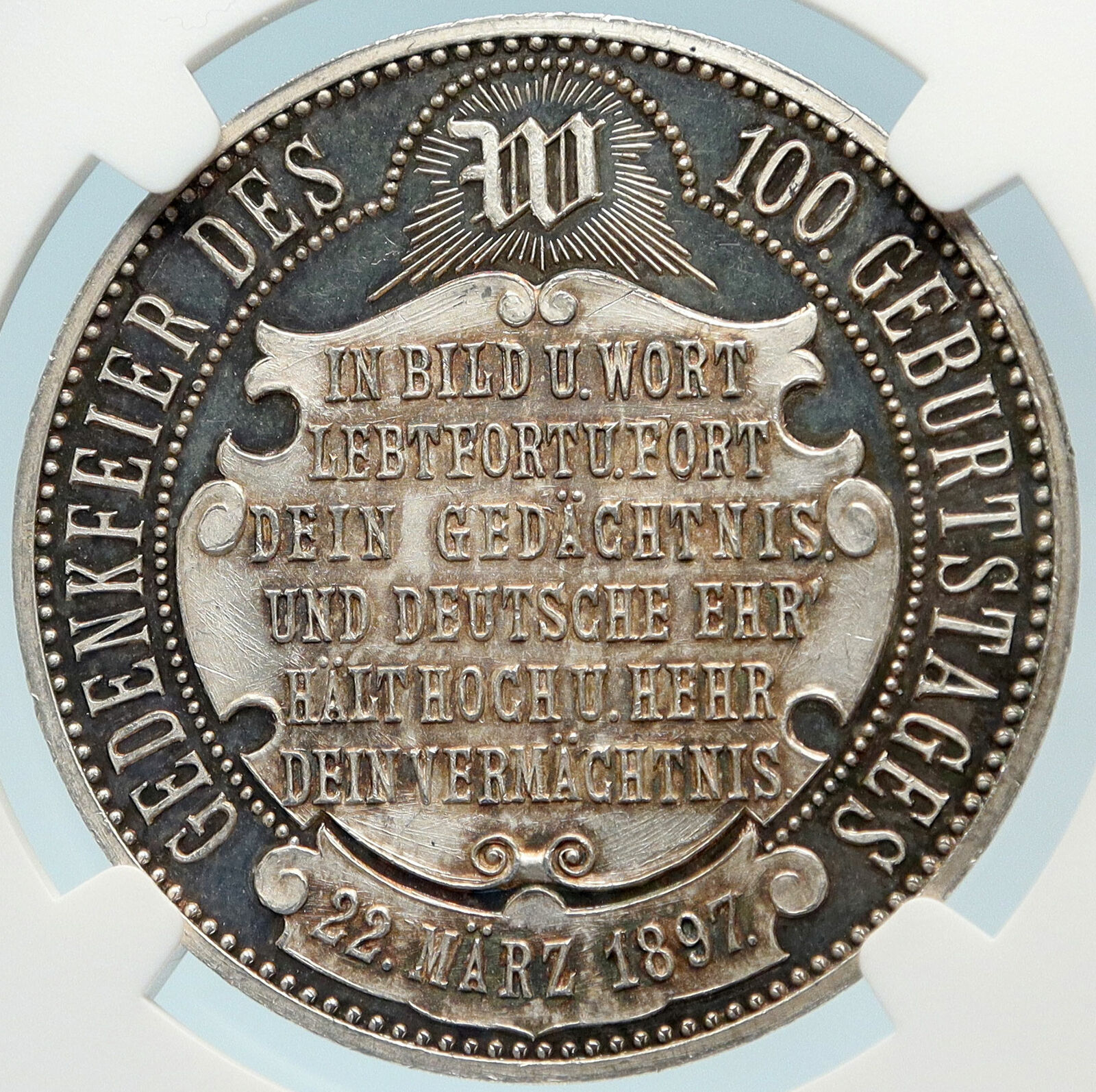 1897 GERMANY Emperor Wilhelm 100 Yr Birthday OLD Geniune Silver Medal NGC i83717