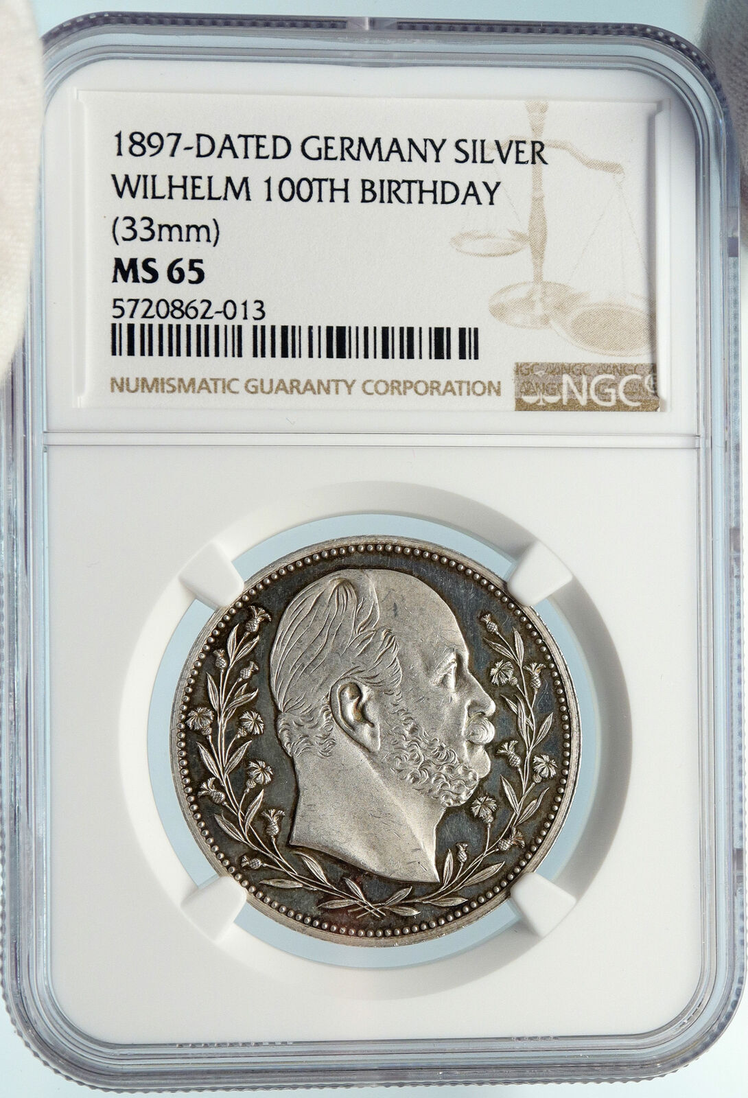 1897 GERMANY Emperor Wilhelm 100 Yr Birthday OLD Geniune Silver Medal NGC i83717