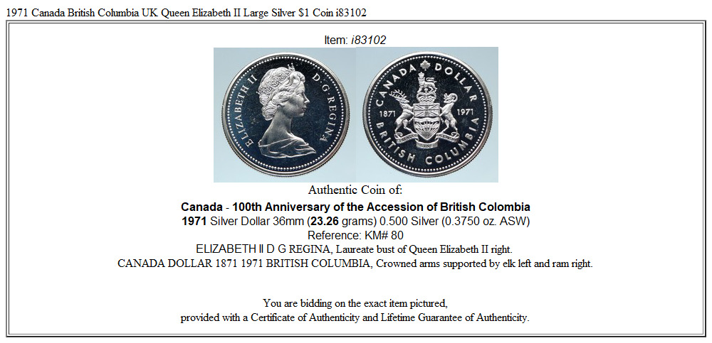 1971 Canada British Columbia UK Queen Elizabeth II Large Silver $1 Coin i83102