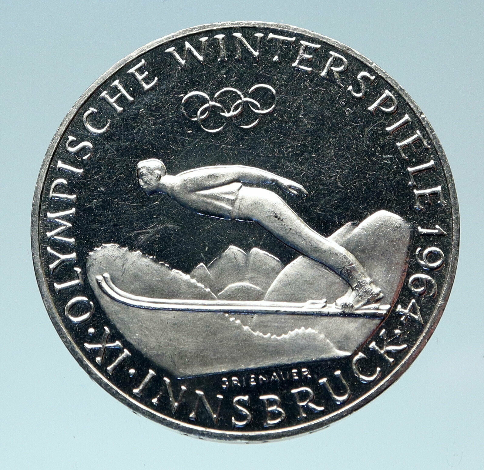 1964 AUSTRIA Innsbruck Winter Olympic Games SKIING OLD Silver 50Shlg Coin i83100