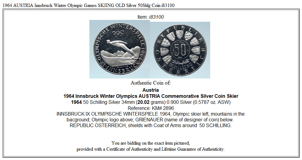 1964 AUSTRIA Innsbruck Winter Olympic Games SKIING OLD Silver 50Shlg Coin i83100