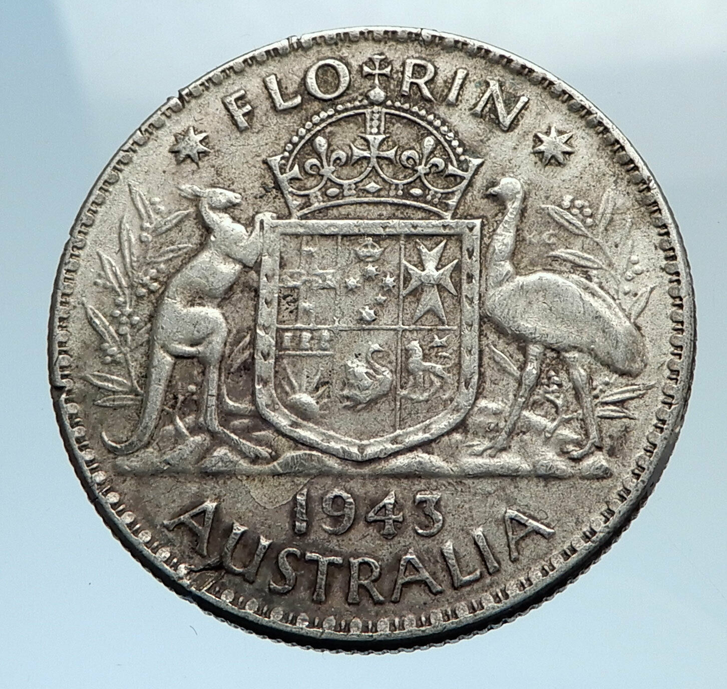 1943 AUSTRALIA Large King George VI Kangaroos Antique Silver Florin Coin i74346