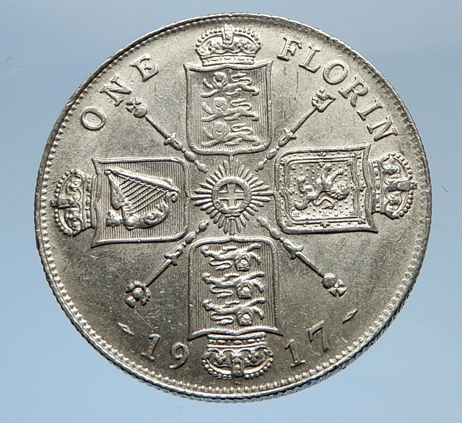 1917 United Kingdom Great Britain GEORGE V Silver Florin 2 Shillings Coin i69409