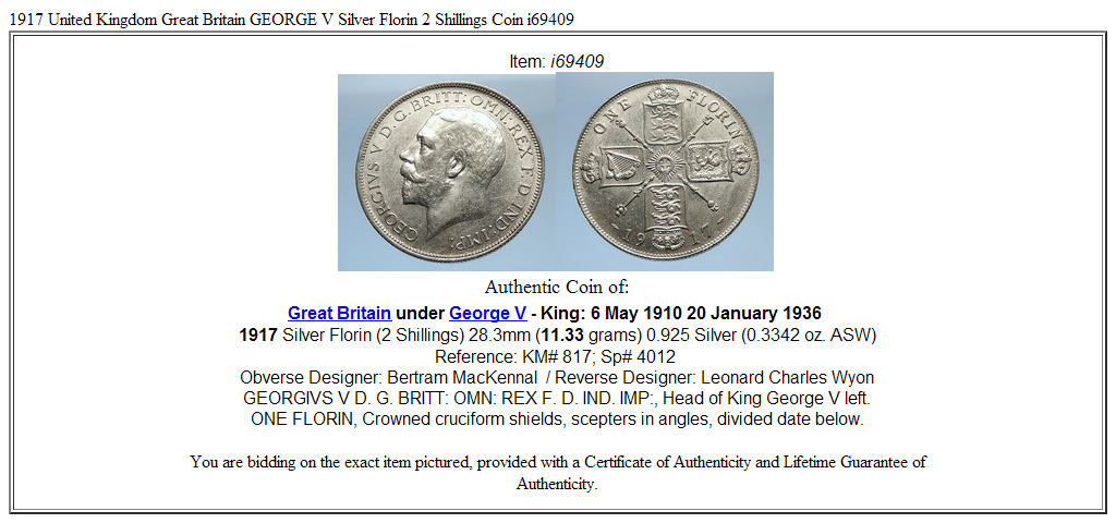 1917 United Kingdom Great Britain GEORGE V Silver Florin 2 Shillings Coin i69409