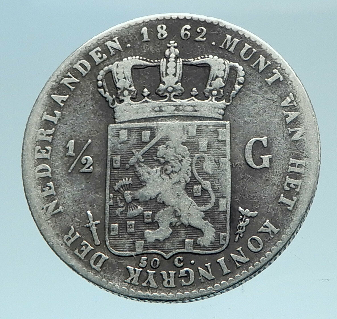 1857 NETHERLANDS King Wilhelm III Antique Genuine Silver 1/2 Gulden Coin i81042