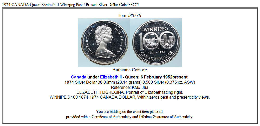 1974 CANADA Queen Elizabeth II Winnipeg Past / Present Silver Dollar Coin i83775