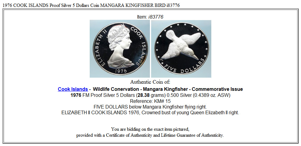 1976 COOK ISLANDS Proof Silver 5 Dollars Coin MANGARA KINGFISHER BIRD i83776