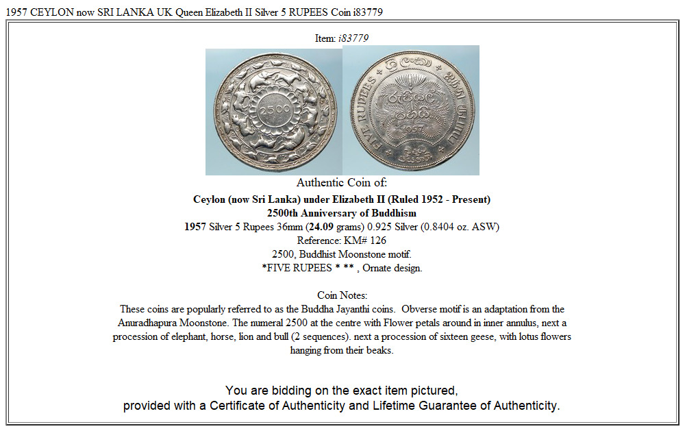 1957 CEYLON now SRI LANKA UK Queen Elizabeth II Silver 5 RUPEES Coin i83779