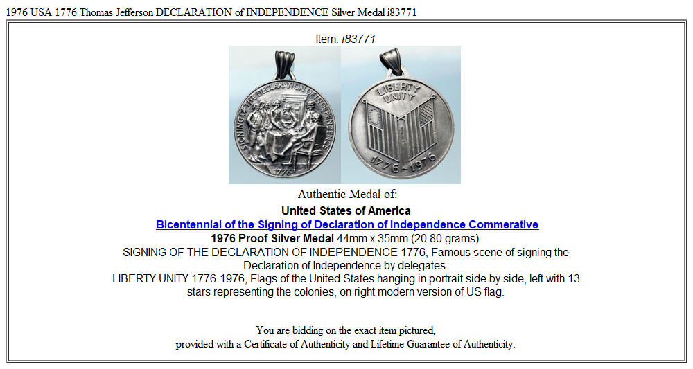 1976 USA 1776 Thomas Jefferson DECLARATION of INDEPENDENCE Silver Medal i83771