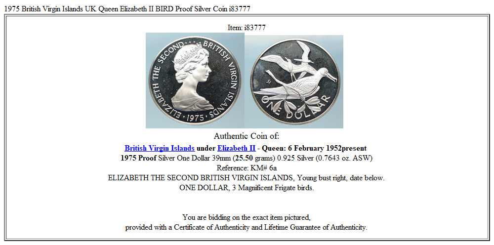 1975 British Virgin Islands UK Queen Elizabeth II BIRD Proof Silver Coin i83777