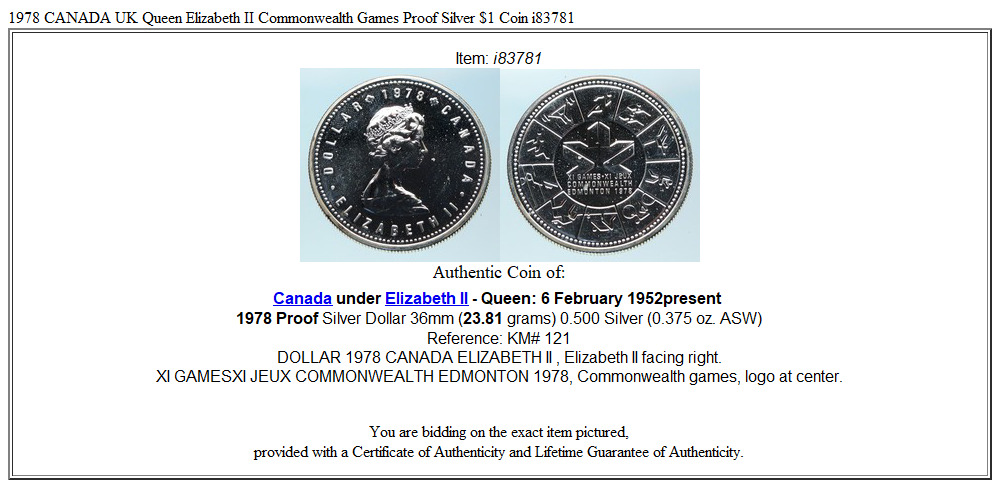 1978 CANADA UK Queen Elizabeth II Commonwealth Games Proof Silver $1 Coin i83781