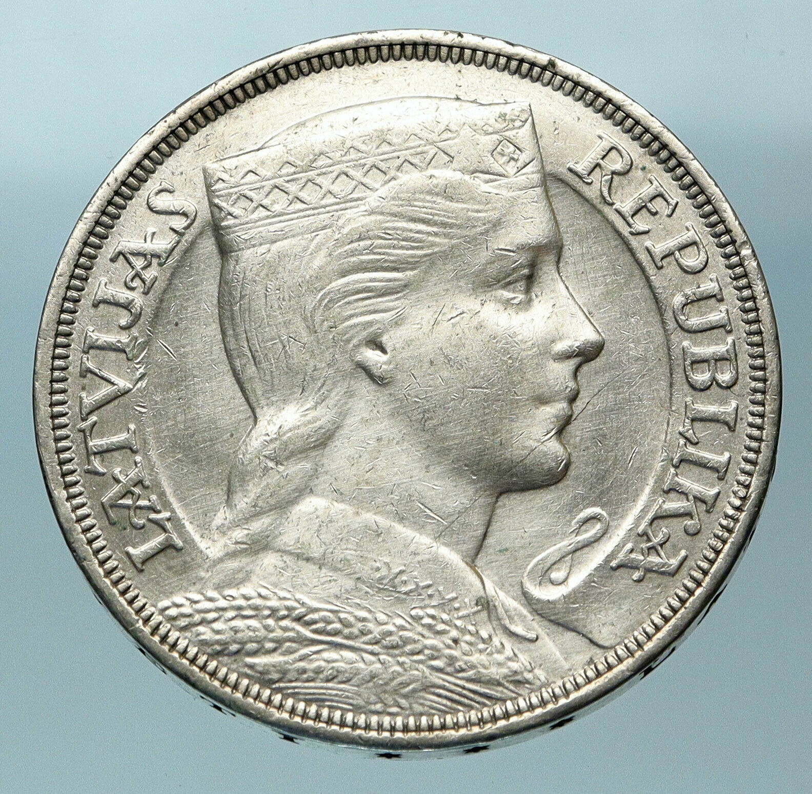 1931 LATVIA w Female Headwear 5 Lati LARGE Vintage Silver European Coin i83770