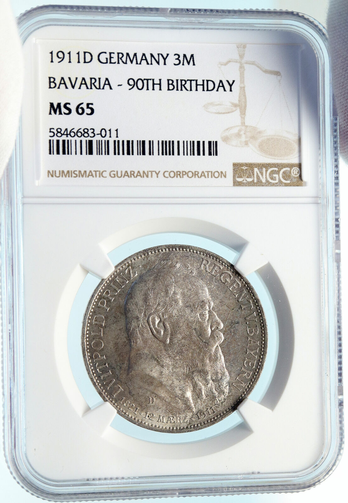 1911 D GERMANY Bavaria Otto I w PRINCE LUITPOLD Silver 3 Marks Coin NGC i83762