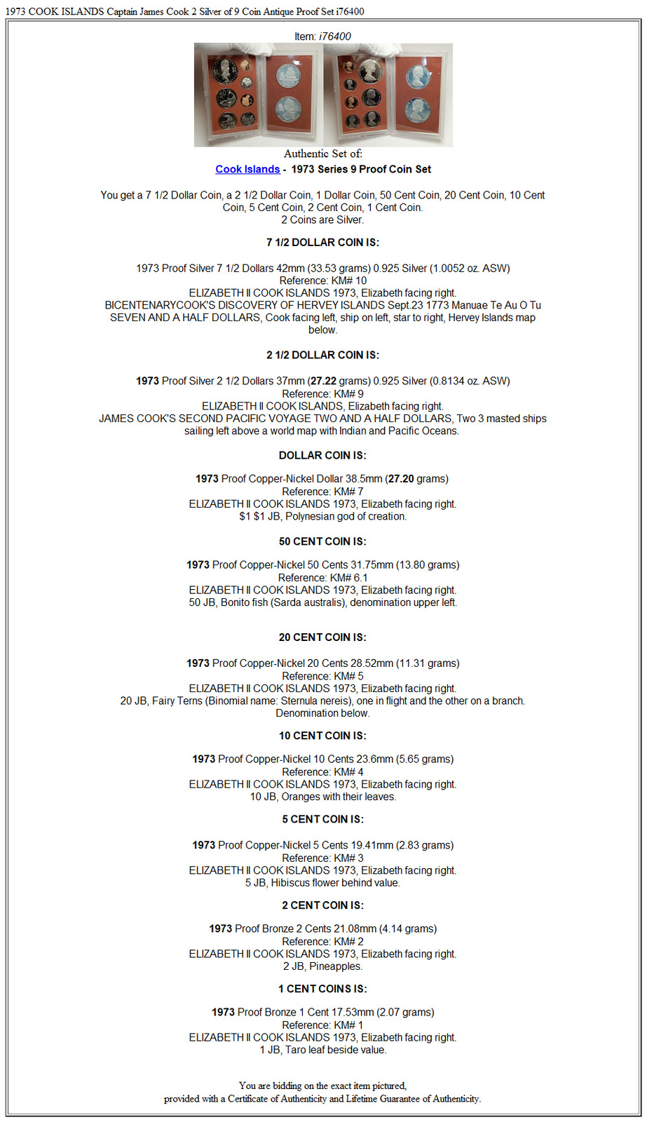 1973 COOK ISLANDS Captain James Cook 2 Silver of 9 Coin Antique Proof Set i76400
