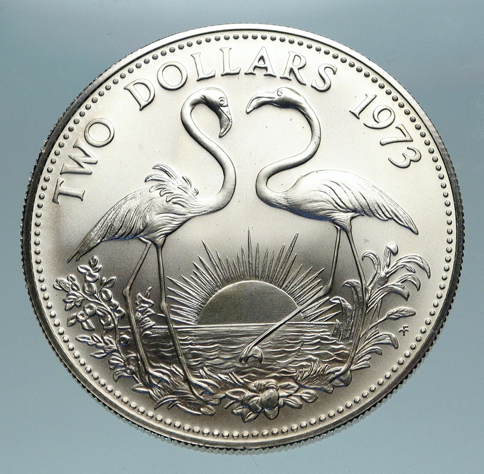 1973 The BAHAMAS Queen Elizabeth II FLAMINGO Genuine OLD Silver $2 Coin i84087