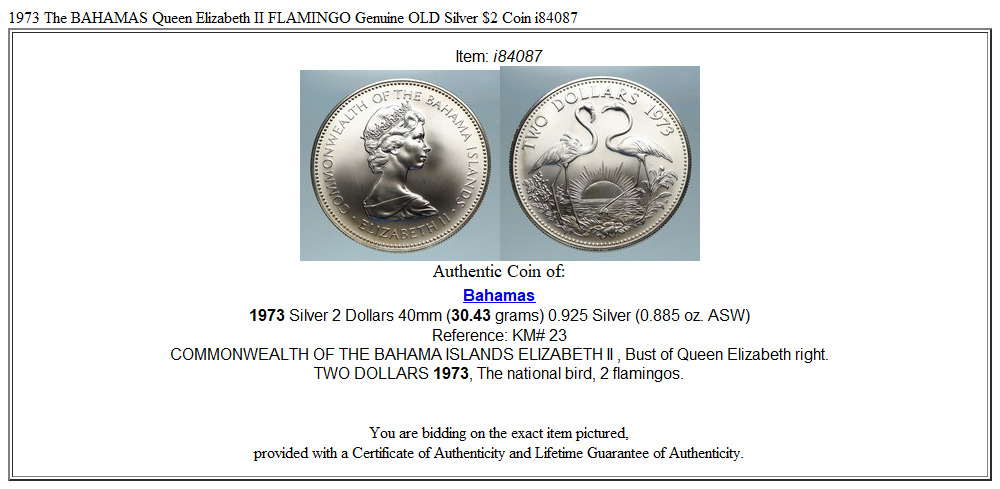 1973 The BAHAMAS Queen Elizabeth II FLAMINGO Genuine OLD Silver $2 Coin i84087