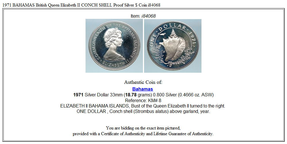 1971 BAHAMAS British Queen Elizabeth II CONCH SHELL Proof Silver $ Coin i84068