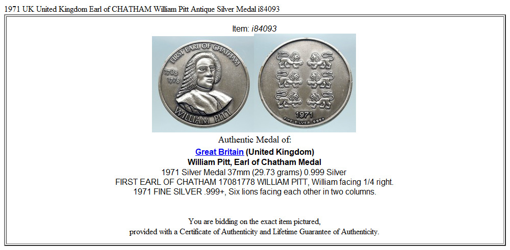 1971 UK United Kingdom Earl of CHATHAM William Pitt Antique Silver Medal i84093