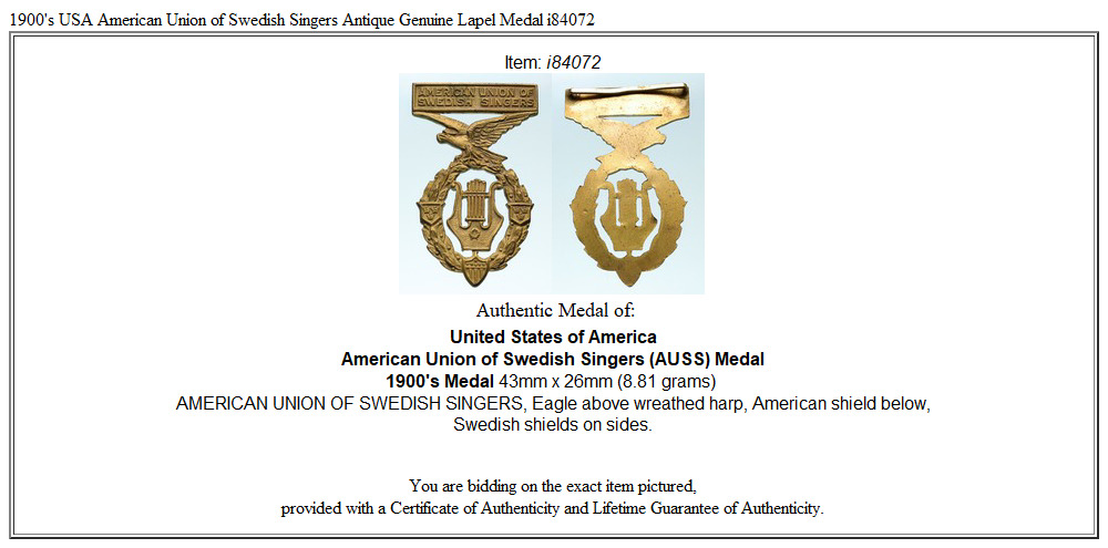 1900's USA American Union of Swedish Singers Antique Genuine Lapel Medal i84072