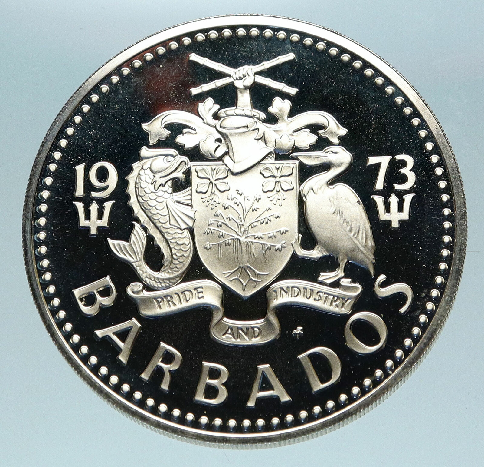 1973 BARBADOS Proof Arms Fountain Trafalgar Antique Silver 5 Dollars Coin i84085