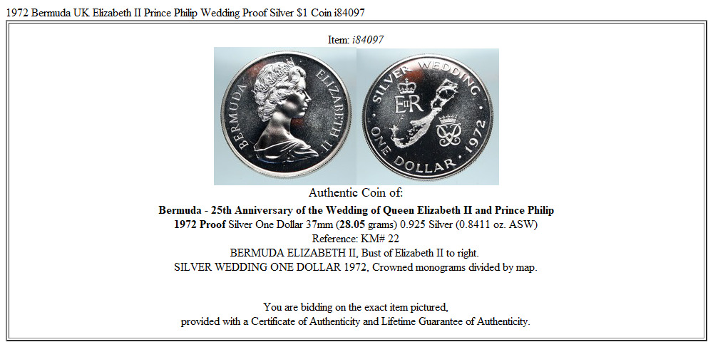 1972 Bermuda UK Elizabeth II Prince Philip Wedding Proof Silver $1 Coin i84097