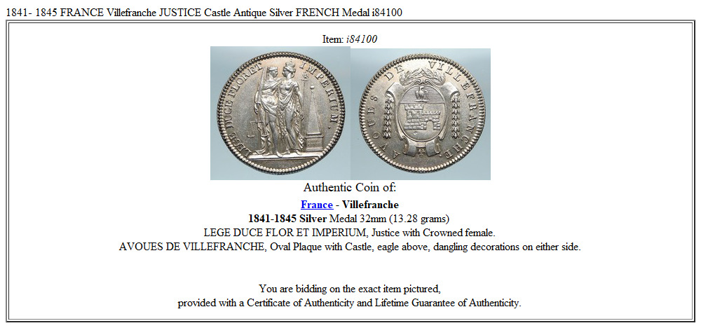 1841- 1845 FRANCE Villefranche JUSTICE Castle Antique Silver FRENCH Medal i84100