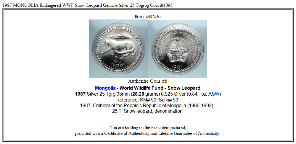 1987 MONGOLIA Endangered WWF Snow Leopard Genuine Silver 25 Togrog Coin i84095