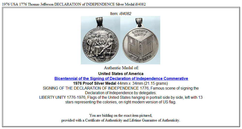 1976 USA 1776 Thomas Jefferson DECLARATION of INDEPENDENCE Silver Medal i84082