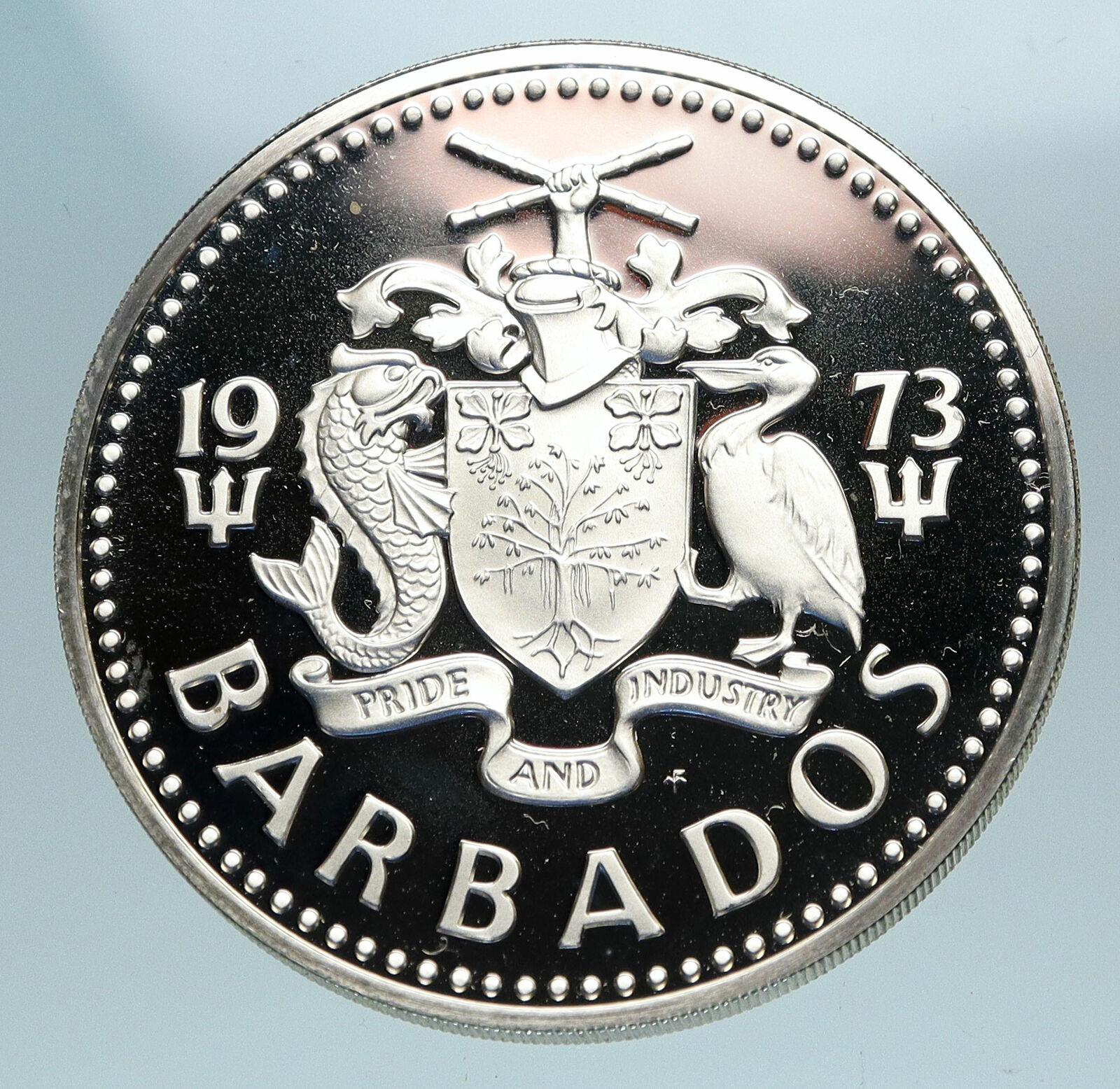 1973 BARBADOS Huge 4.2cm Genuine Proof Silver 10 Dollars Coin w NEPTUNE i84098